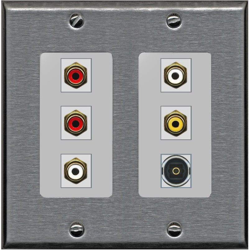 RiteAV 5 RCA (2 Red, 2 White, 1 Yellow) Toslink Wall Plate - 2 Gang [Stainless/Gray]