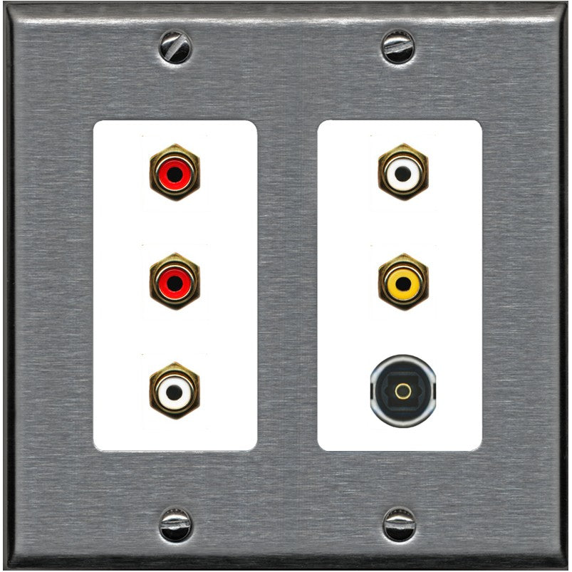 RiteAV 5 RCA (2 Red, 2 White, 1 Yellow) Toslink Wall Plate - 2 Gang [Stainless/White]