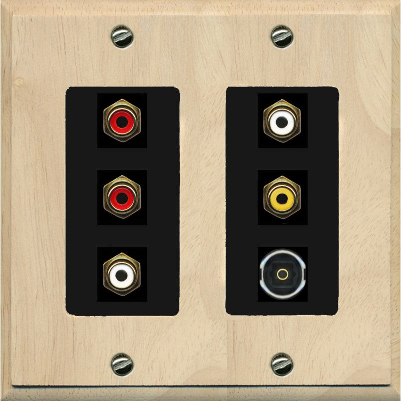 RiteAV 5 RCA (2 Red, 2 White, 1 Yellow) Toslink Wall Plate - 2 Gang [Wood/Black]