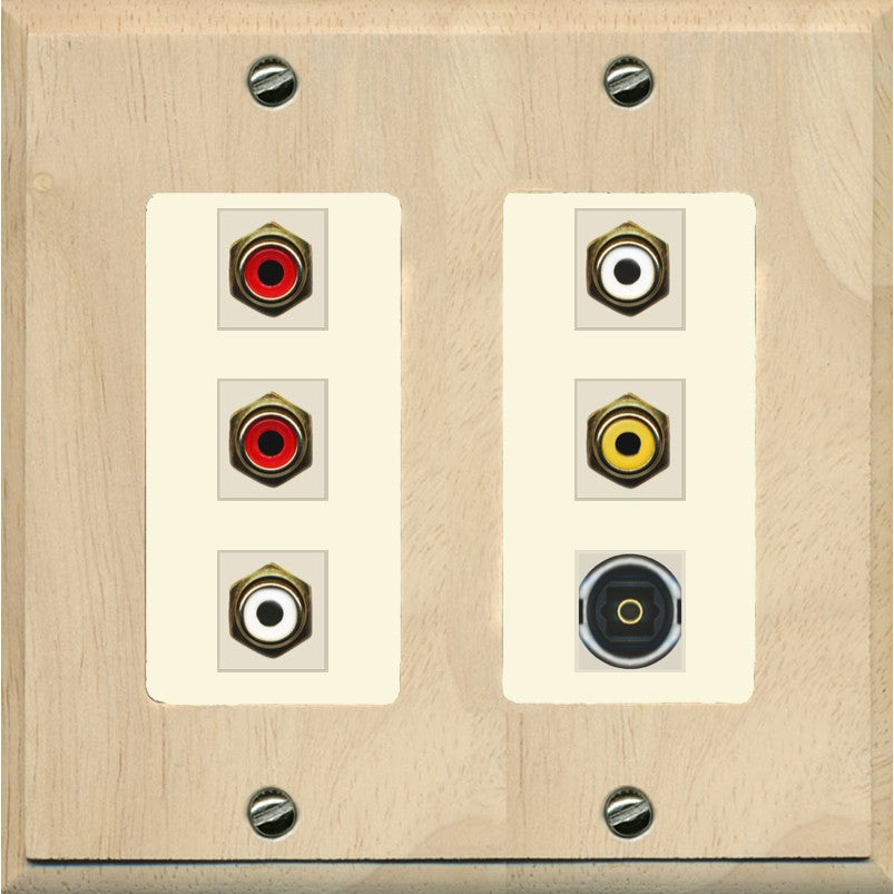 RiteAV 5 RCA (2 Red, 2 White, 1 Yellow) Toslink Wall Plate - 2 Gang [Wood/Light-Almond]