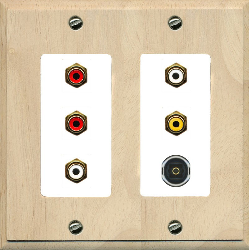 RiteAV 5 RCA (2 Red, 2 White, 1 Yellow) Toslink Wall Plate - 2 Gang [Wood/White]