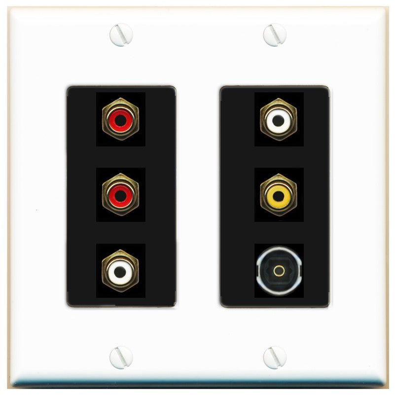 RiteAV 5 RCA (2 Red, 2 White, 1 Yellow) Toslink Wall Plate - 2 Gang [White/Black]