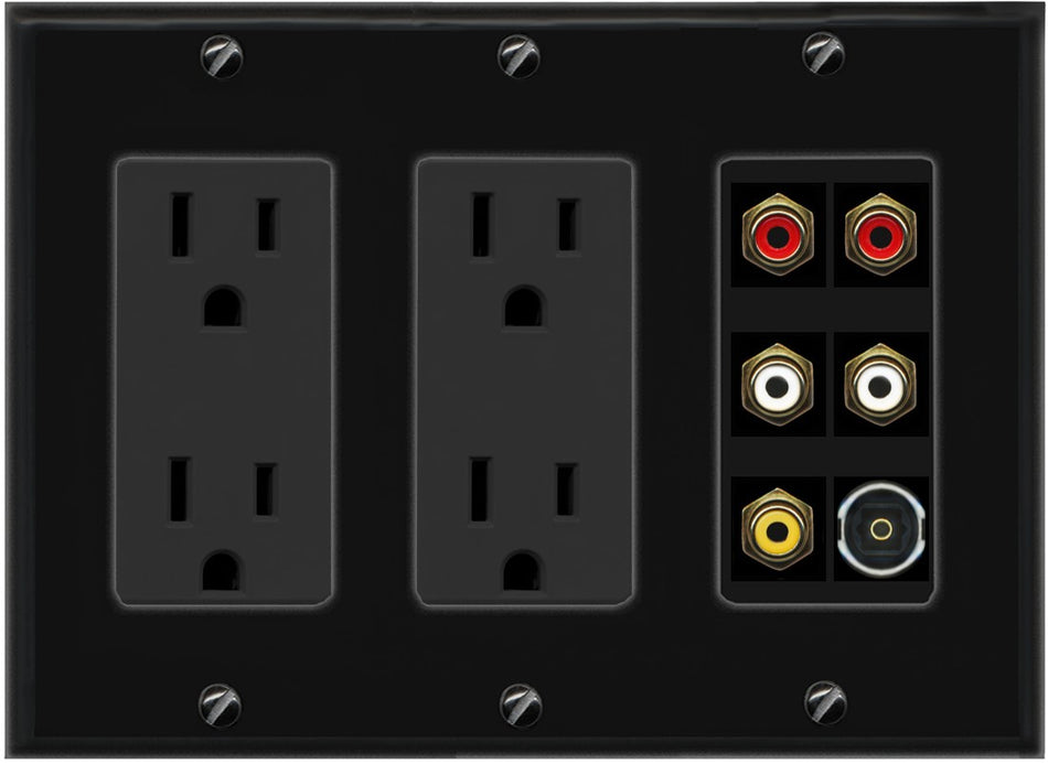RiteAV 5 RCA (2 Red, 2 White, 1 Yellow) Toslink Wall Plate - 3 Gang 2 Outlet [Black/Black]