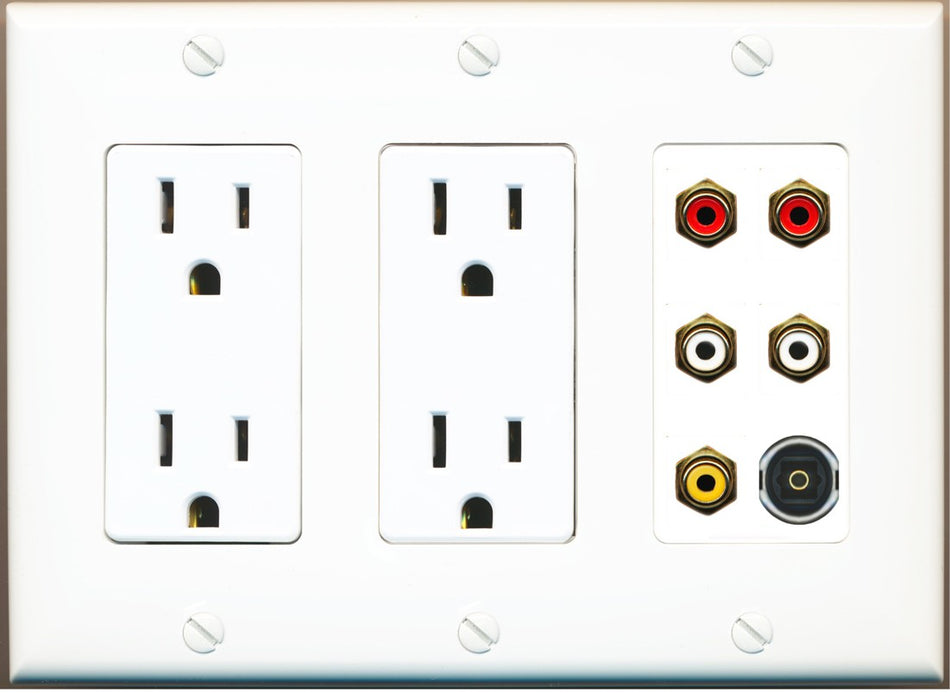 RiteAV 5 RCA (2 Red, 2 White, 1 Yellow) Toslink Wall Plate - 3 Gang 2 Outlet [White]