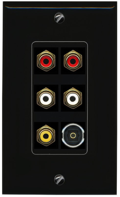 RiteAV 5 RCA (2 Red, 2 White, 1 Yellow) Toslink Wall Plate - 1 Gang Decorative [Black/Black]