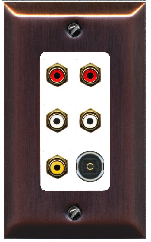 RiteAV 5 RCA (2 Red, 2 White, 1 Yellow) Toslink Wall Plate - 1 Gang Decorative [Brushed-Copper/White]