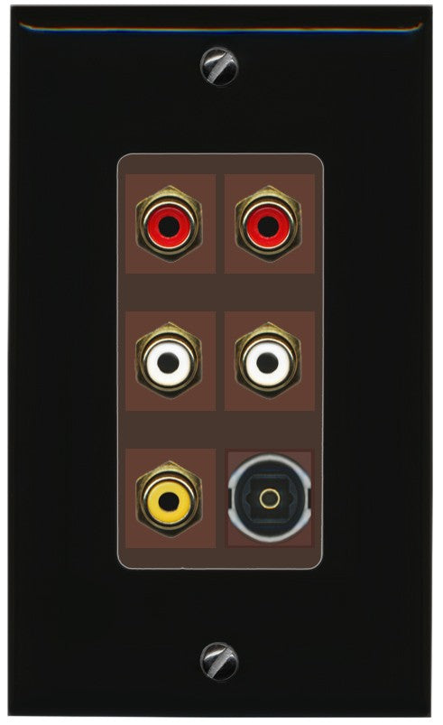 RiteAV 5 RCA (2 Red, 2 White, 1 Yellow) Toslink Wall Plate - 1 Gang Decorative [Black/Brown]