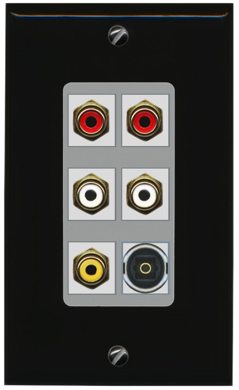 RiteAV 5 RCA (2 Red, 2 White, 1 Yellow) Toslink Wall Plate - 1 Gang Decorative [Black/Gray]