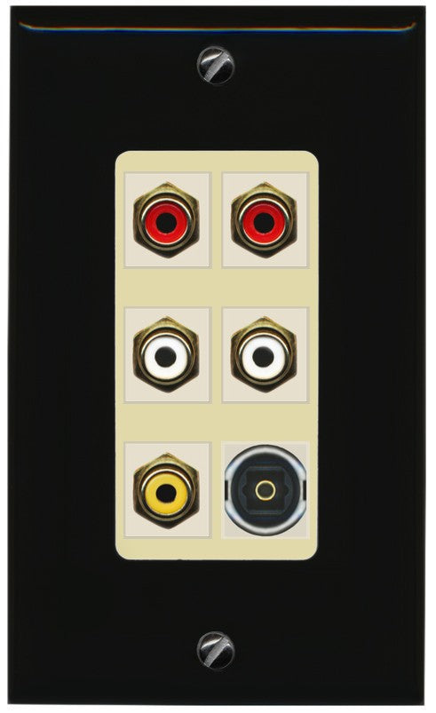 RiteAV 5 RCA (2 Red, 2 White, 1 Yellow) Toslink Wall Plate - 1 Gang Decorative [Black/Ivory]