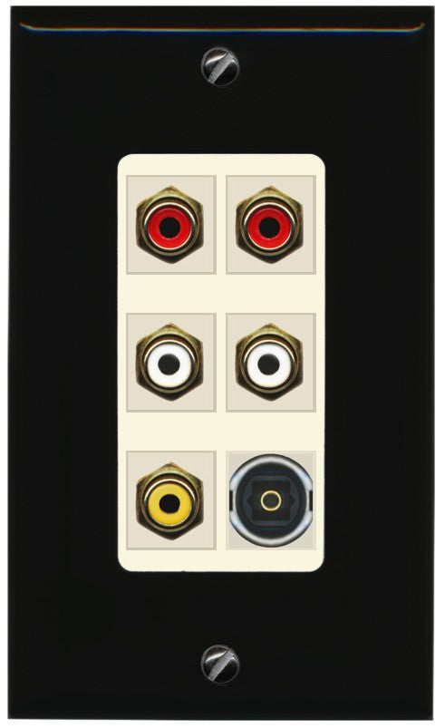 RiteAV 5 RCA (2 Red, 2 White, 1 Yellow) Toslink Wall Plate - 1 Gang Decorative [Black/Light-Almond]