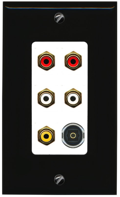 RiteAV 5 RCA (2 Red, 2 White, 1 Yellow) Toslink Wall Plate - 1 Gang Decorative [Black/White]