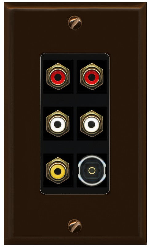 RiteAV 5 RCA (2 Red, 2 White, 1 Yellow) Toslink Wall Plate - 1 Gang Decorative [Brown/Black]