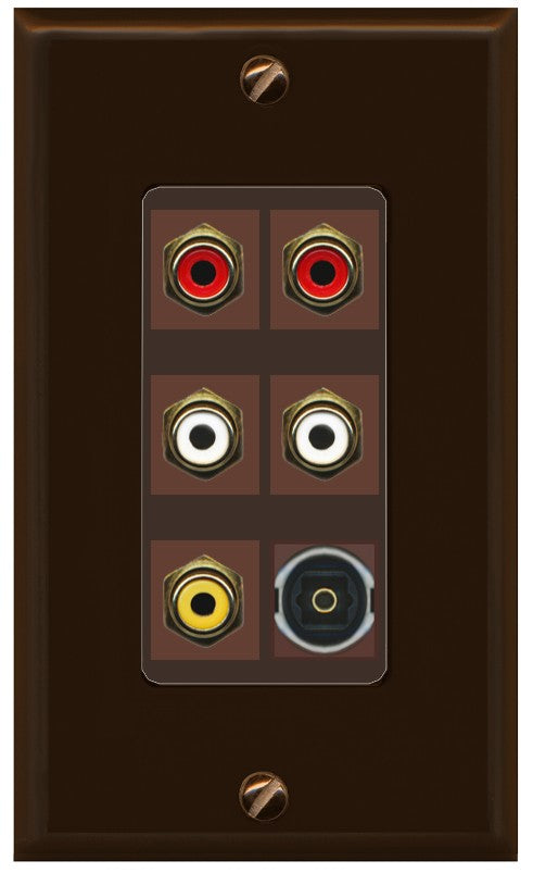 RiteAV 5 RCA (2 Red, 2 White, 1 Yellow) Toslink Wall Plate - 1 Gang Decorative [Brown/Brown]