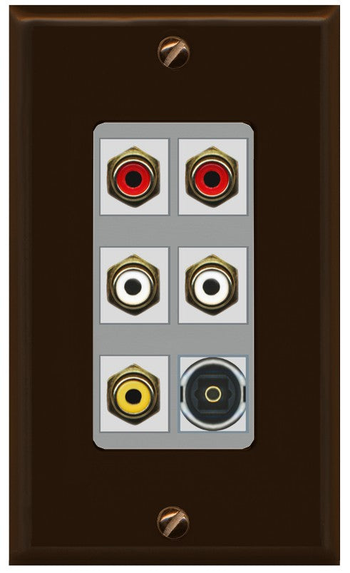 RiteAV 5 RCA (2 Red, 2 White, 1 Yellow) Toslink Wall Plate - 1 Gang Decorative [Brown/Gray]