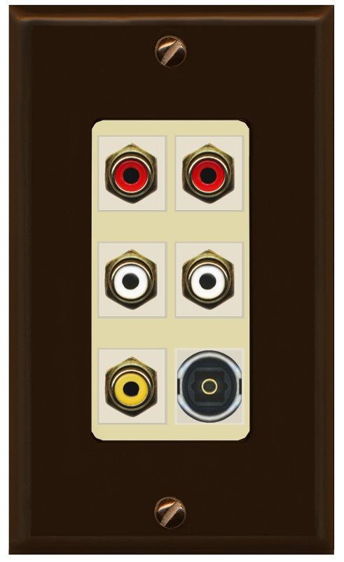 RiteAV 5 RCA (2 Red, 2 White, 1 Yellow) Toslink Wall Plate - 1 Gang Decorative [Brown/Ivory]