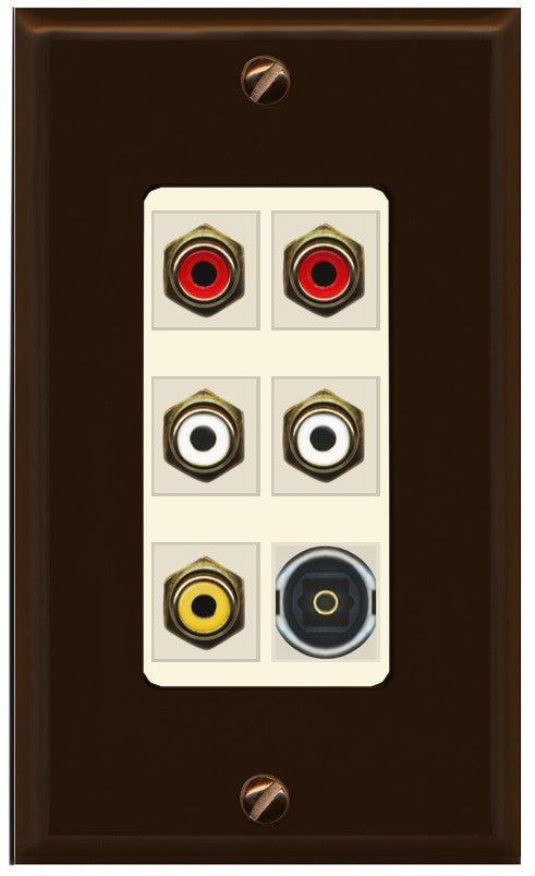RiteAV 5 RCA (2 Red, 2 White, 1 Yellow) Toslink Wall Plate - 1 Gang Decorative [Brown/Light-Almond]