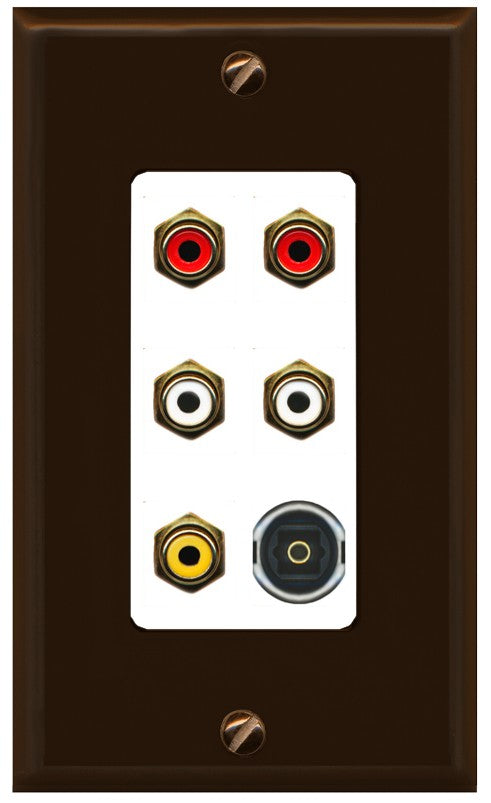 RiteAV 5 RCA (2 Red, 2 White, 1 Yellow) Toslink Wall Plate - 1 Gang Decorative [Brown/White]