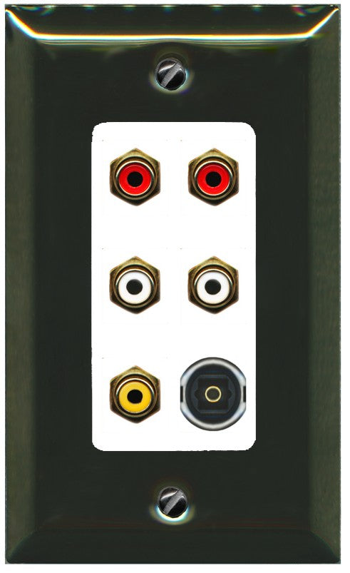 RiteAV 5 RCA (2 Red, 2 White, 1 Yellow) Toslink Wall Plate - 1 Gang Decorative [Brass/White]
