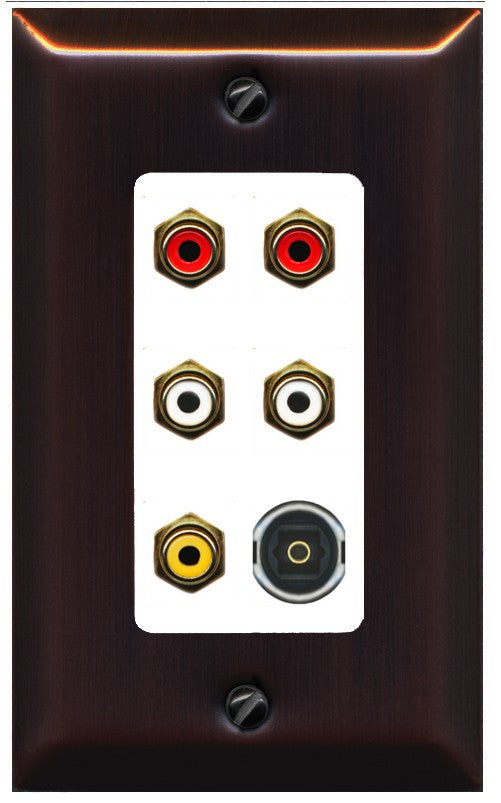 RiteAV 5 RCA (2 Red, 2 White, 1 Yellow) Toslink Wall Plate - 1 Gang Decorative [Bronze/White]