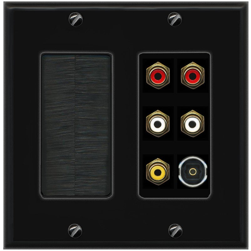 RiteAV 5 RCA (2 Red, 2 White, 1 Yellow) Toslink Wall Plate - Brush [Black/Black]