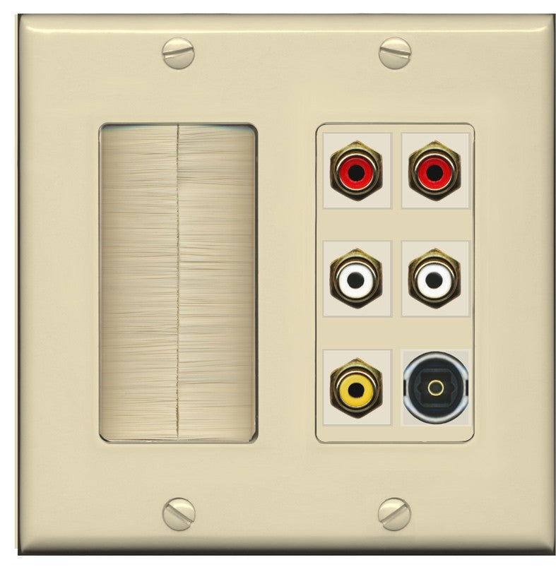 RiteAV 5 RCA (2 Red, 2 White, 1 Yellow) Toslink Wall Plate - Brush [Ivory/Ivory]