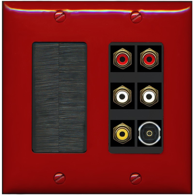 RiteAV 5 RCA (2 Red, 2 White, 1 Yellow) Toslink Wall Plate - Brush [Red/Black]