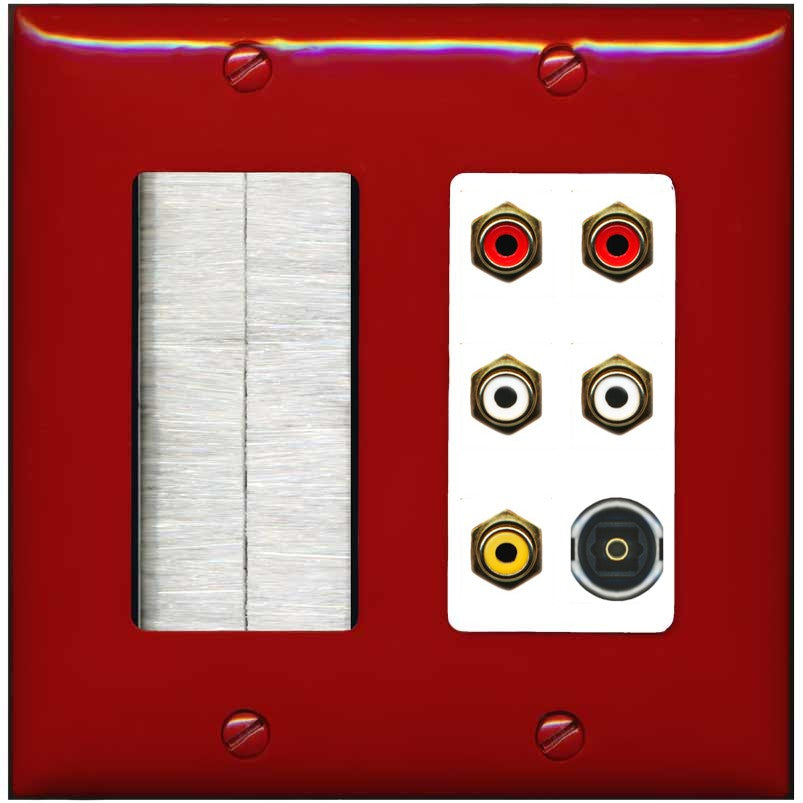 RiteAV 5 RCA (2 Red, 2 White, 1 Yellow) Toslink Wall Plate - Brush [Red/White]