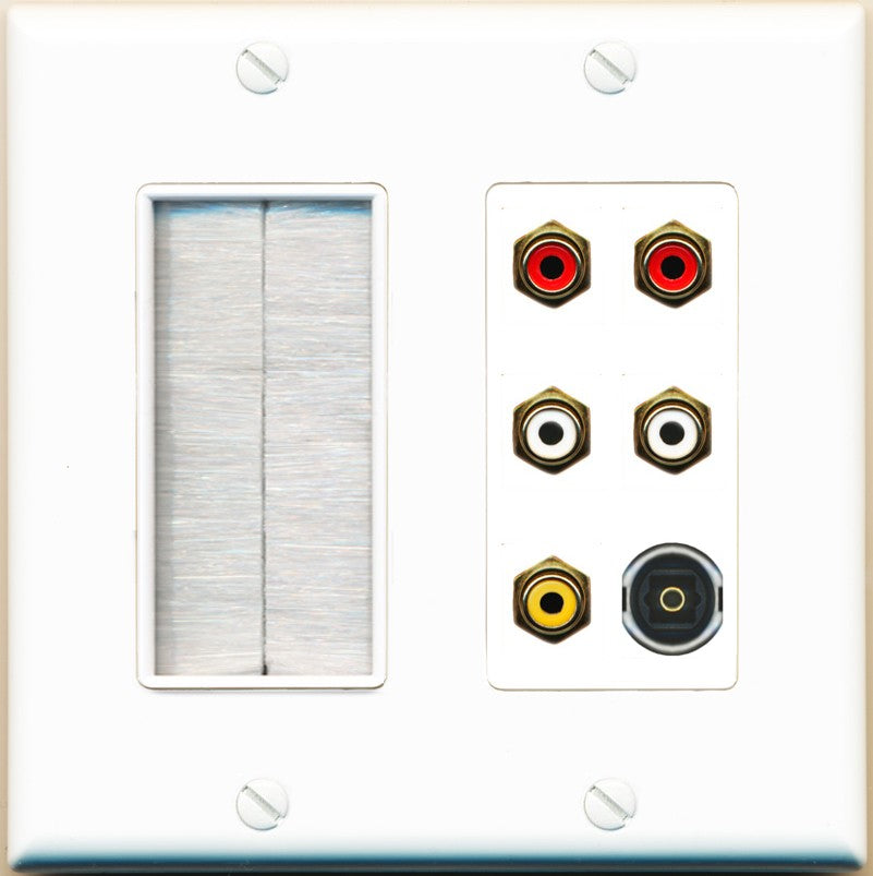 RiteAV 5 RCA (2 Red, 2 White, 1 Yellow) Toslink Wall Plate - Brush [White]