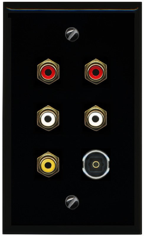 RiteAV 5 RCA (2 Red, 2 White, 1 Yellow) Toslink Wall Plate - Flat Style [Black/Black]