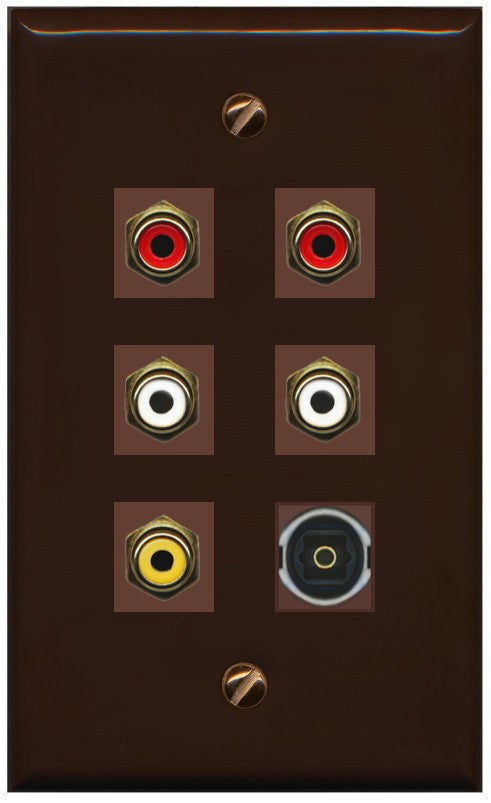 RiteAV 5 RCA (2 Red, 2 White, 1 Yellow) Toslink Wall Plate - Flat Style [Brown/Brown]