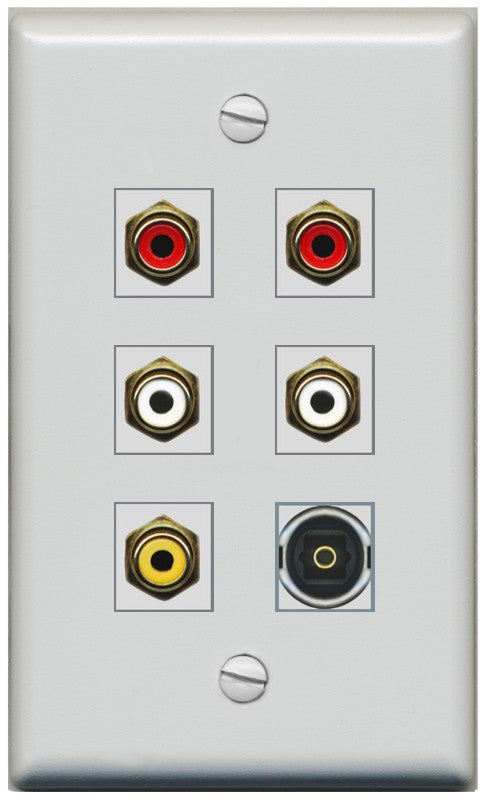 RiteAV 5 RCA (2 Red, 2 White, 1 Yellow) Toslink Wall Plate - Flat Style [Gray/Gray]