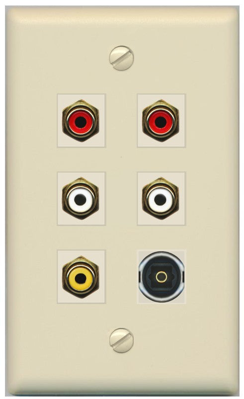 RiteAV 5 RCA (2 Red, 2 White, 1 Yellow) Toslink Wall Plate - Flat Style [Ivory/Ivory]