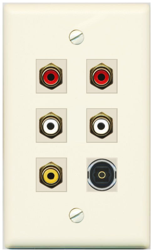 RiteAV 5 RCA (2 Red, 2 White, 1 Yellow) Toslink Wall Plate - Flat Style [Light-Almond]