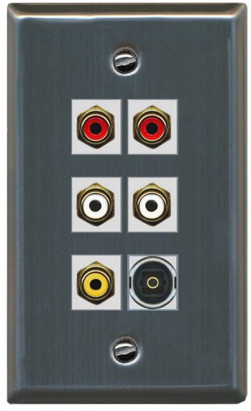RiteAV 5 RCA (2 Red, 2 White, 1 Yellow) Toslink Wall Plate - Flat Style [Stainless Steel]