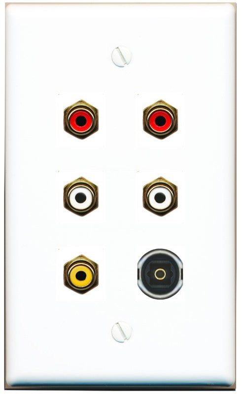 RiteAV 5 RCA (2 Red, 2 White, 1 Yellow) Toslink Wall Plate - Flat Style [White]