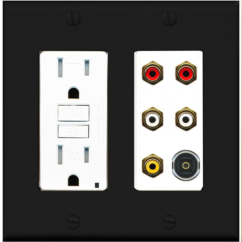 RiteAV 5 RCA (2 Red, 2 White, 1 Yellow) Toslink Wall Plate - GFCI Outlet [Black/White]