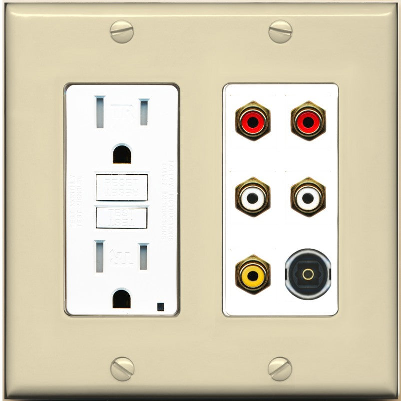 RiteAV 5 RCA (2 Red, 2 White, 1 Yellow) Toslink Wall Plate - GFCI Outlet [Ivory/White]