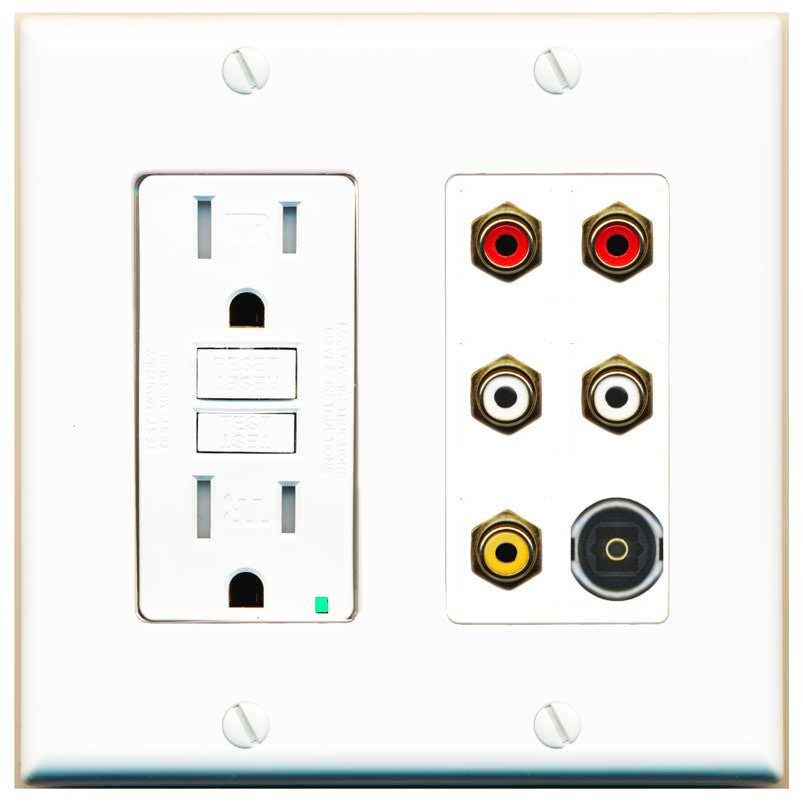 RiteAV 5 RCA (2 Red, 2 White, 1 Yellow) Toslink Wall Plate - GFCI Outlet [White]