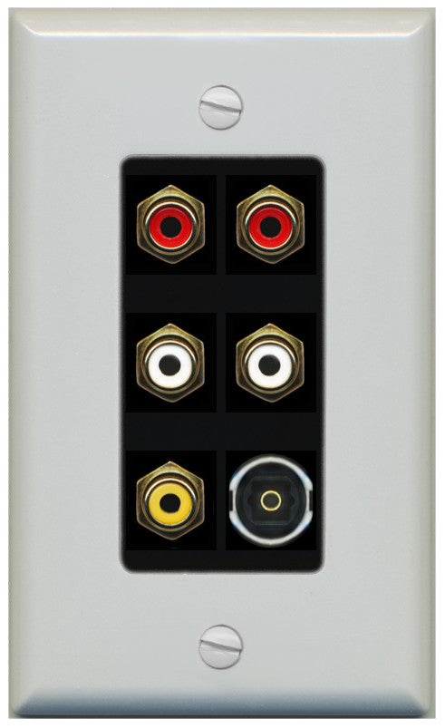 RiteAV 5 RCA (2 Red, 2 White, 1 Yellow) Toslink Wall Plate - 1 Gang Decorative [Gray/Black]