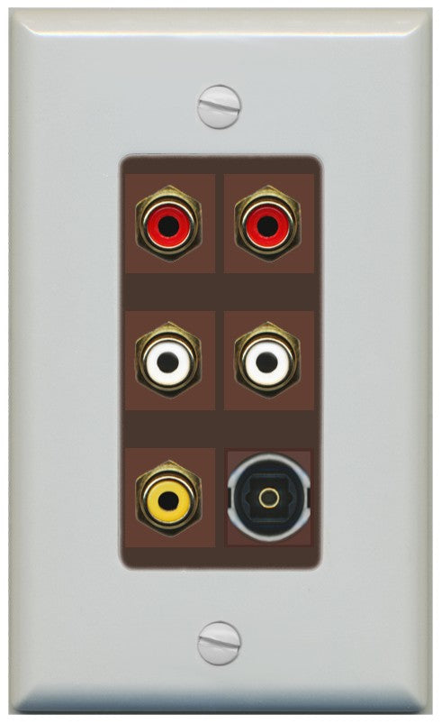 RiteAV 5 RCA (2 Red, 2 White, 1 Yellow) Toslink Wall Plate - 1 Gang Decorative [Gray/Brown]