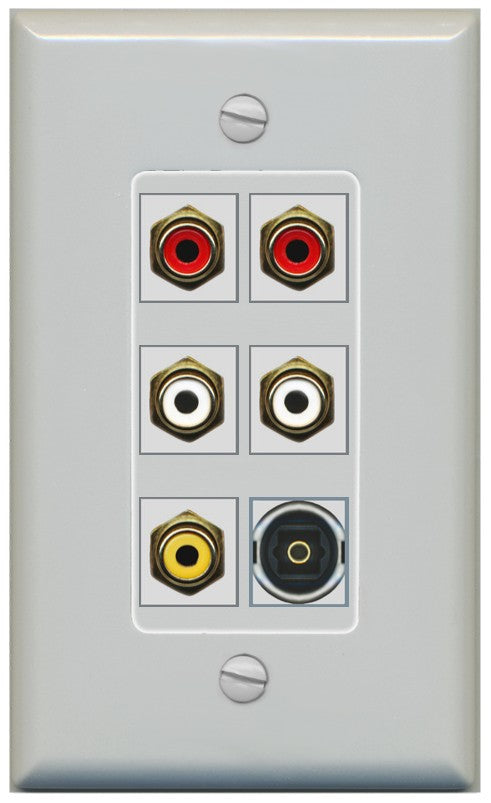 RiteAV 5 RCA (2 Red, 2 White, 1 Yellow) Toslink Wall Plate - 1 Gang Decorative [Gray/Gray]