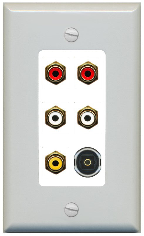 RiteAV 5 RCA (2 Red, 2 White, 1 Yellow) Toslink Wall Plate - 1 Gang Decorative [Gray/White]