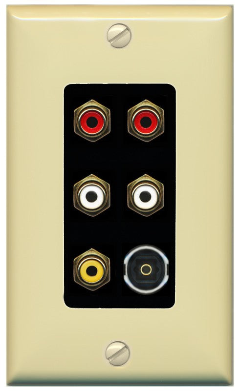 RiteAV 5 RCA (2 Red, 2 White, 1 Yellow) Toslink Wall Plate - 1 Gang Decorative [Ivory/Black]
