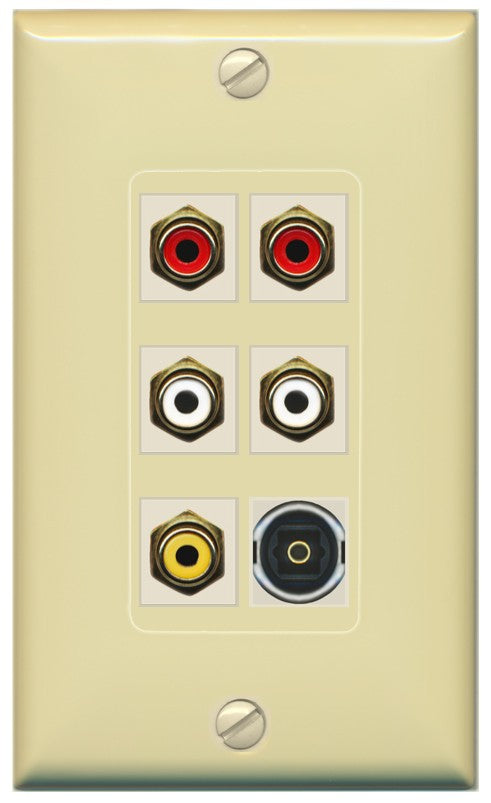 RiteAV 5 RCA (2 Red, 2 White, 1 Yellow) Toslink Wall Plate - 1 Gang Decorative [Ivory/Ivory]