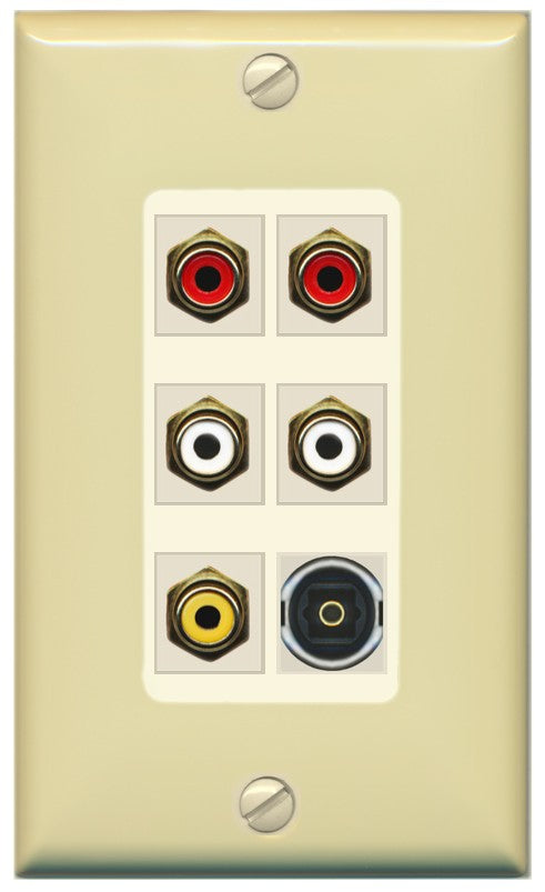 RiteAV 5 RCA (2 Red, 2 White, 1 Yellow) Toslink Wall Plate - 1 Gang Decorative [Ivory/Light-Almond]