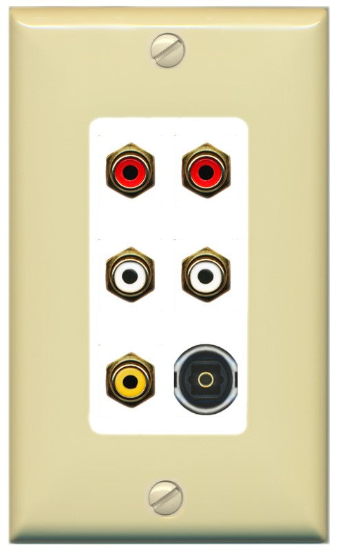 RiteAV 5 RCA (2 Red, 2 White, 1 Yellow) Toslink Wall Plate - 1 Gang Decorative [Ivory/White]