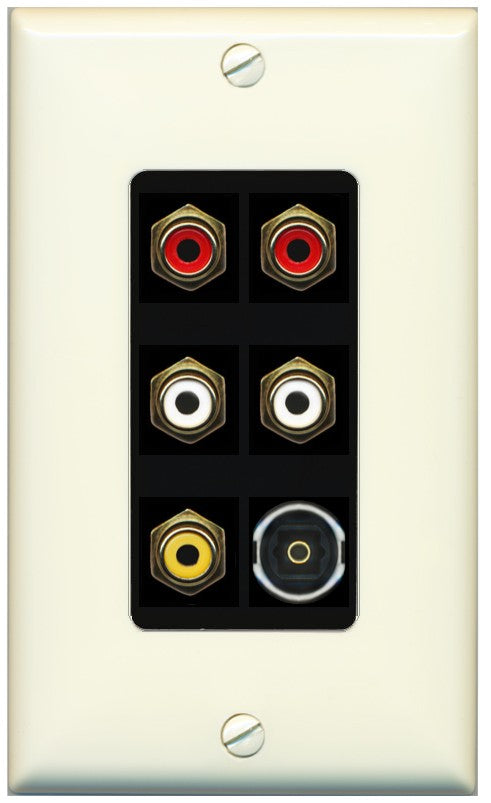 RiteAV 5 RCA (2 Red, 2 White, 1 Yellow) Toslink Wall Plate - 1 Gang Decorative [Light-Almond/Black]