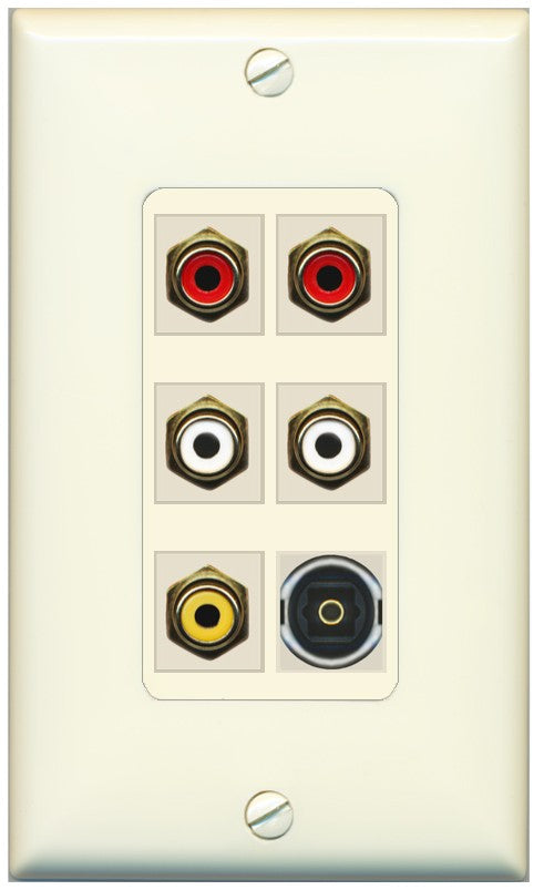 RiteAV 5 RCA (2 Red, 2 White, 1 Yellow) Toslink Wall Plate - 1 Gang Decorative [Light-Almond]