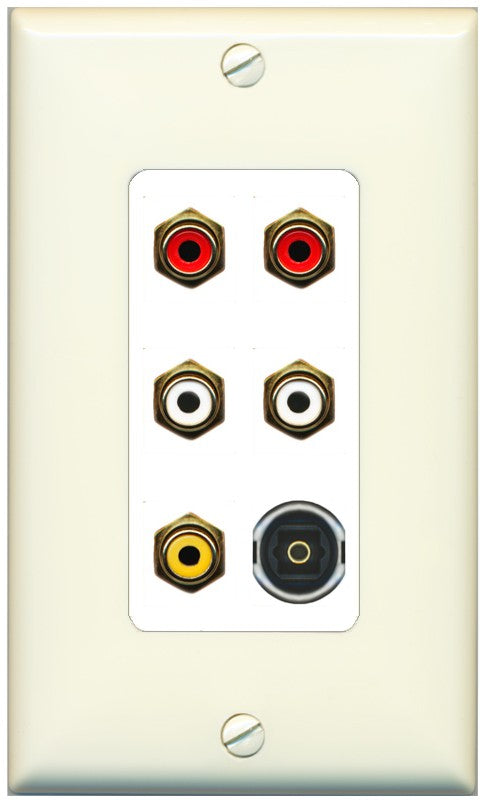 RiteAV 5 RCA (2 Red, 2 White, 1 Yellow) Toslink Wall Plate - 1 Gang Decorative [Light-Almond/White]