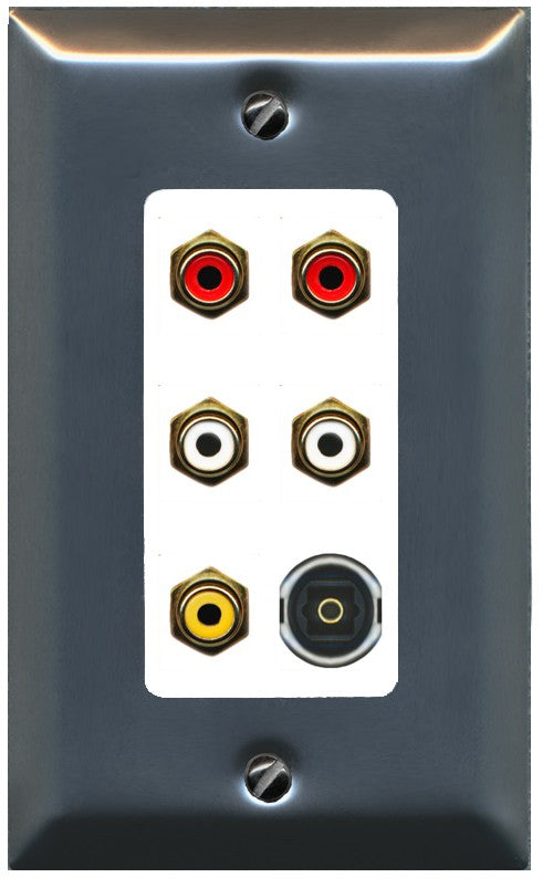 RiteAV 5 RCA (2 Red, 2 White, 1 Yellow) Toslink Wall Plate - 1 Gang Decorative [Brushed-Nickel/White]